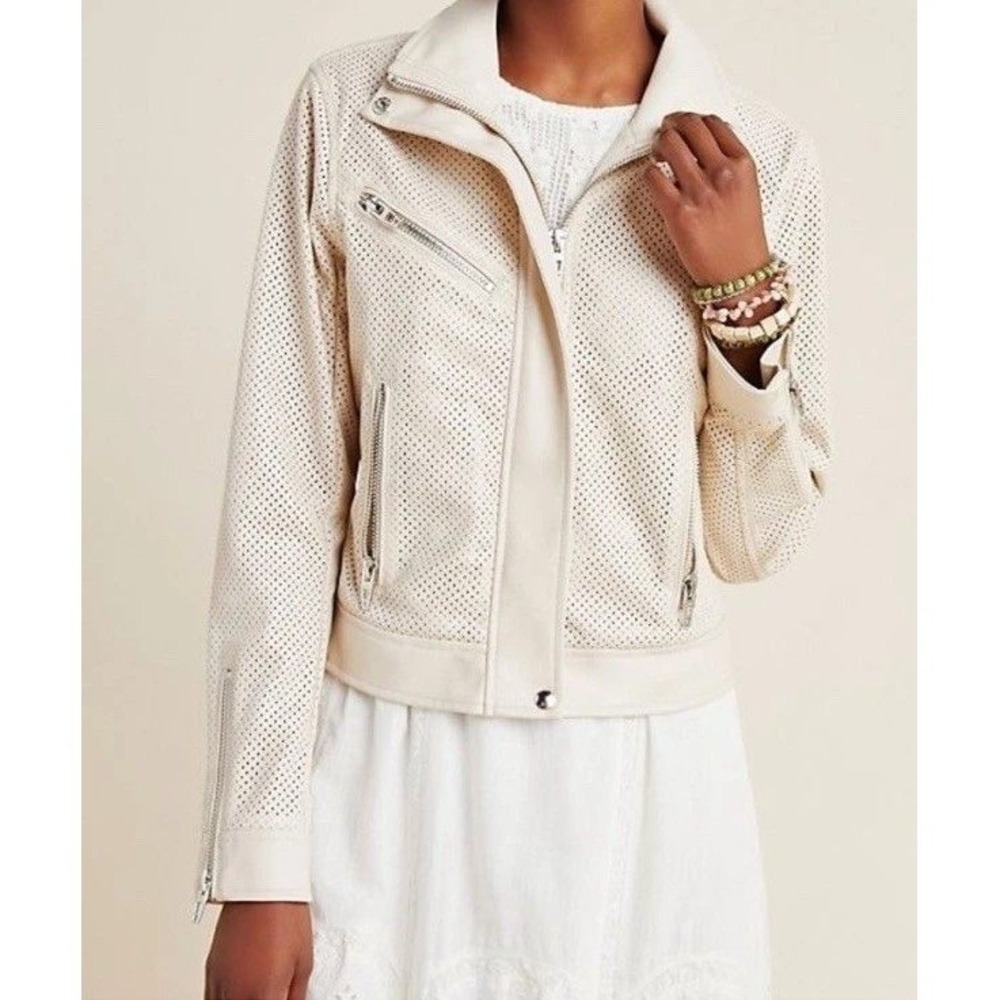 Anthropologie x Blank NYC Moto Jacket Perforated Faux Leather Biker‎ Cream XS